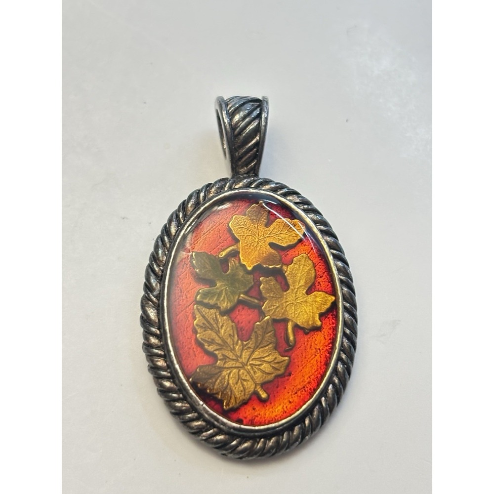 Vintage Kenneth Cole KC Red Enamel Leaf Pendant Silver Tone Signed Fall Autumn